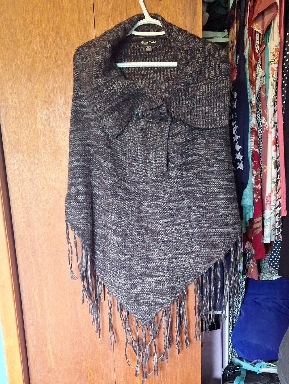 River Island Marled Brown Fringe Shawl Collar Poncho